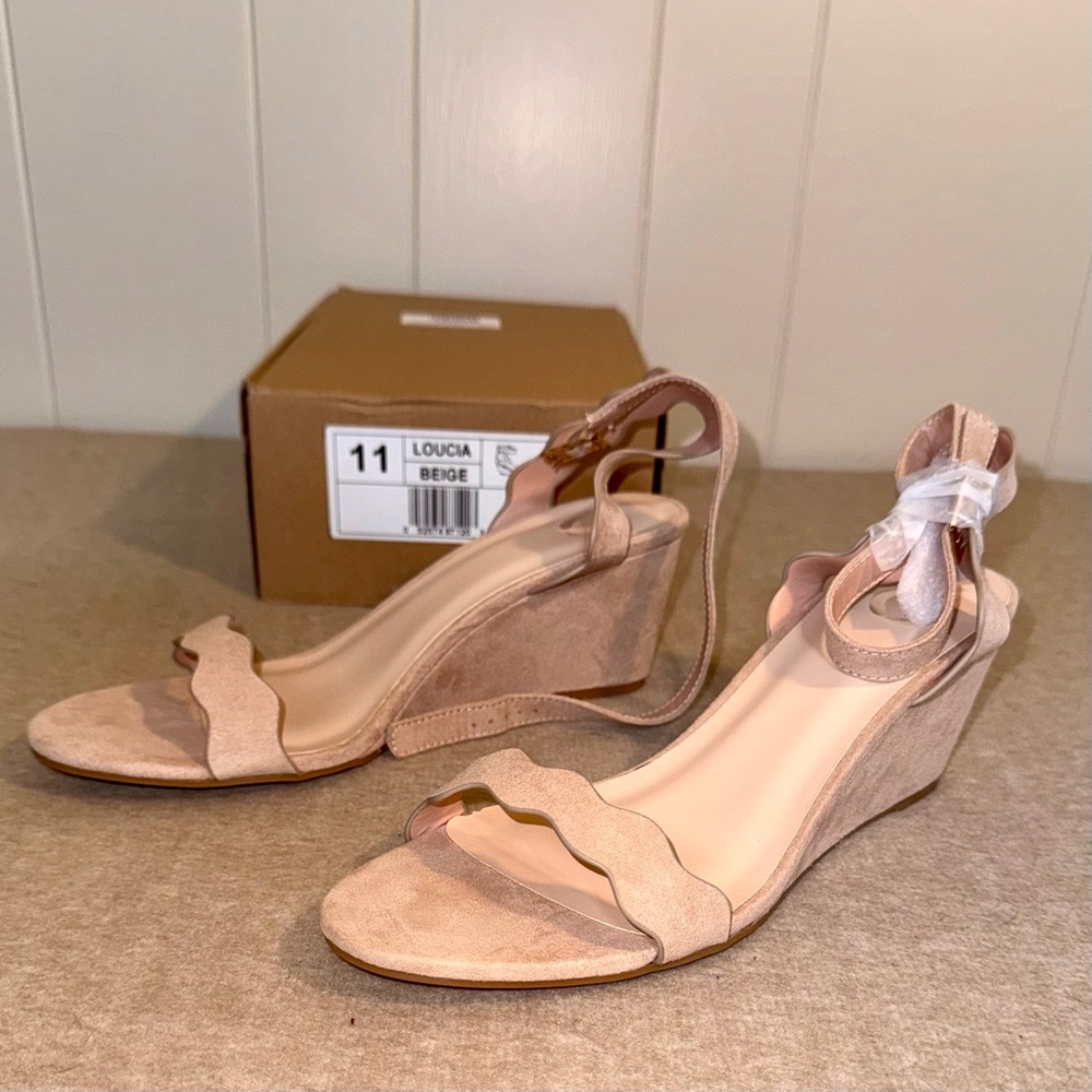 Loucia Beige / Soft Pink Suede Wedge Sandals – Size 11 – NEW!